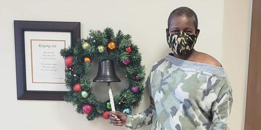 Sheila Taylor rings the ceremonial bell at the end of her cancer treatment in December 2020. (Photo courtesy of Sheila Taylor)