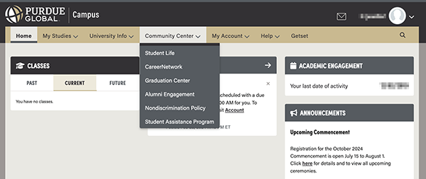 CareerNetwork view within Purdue Global Campus
