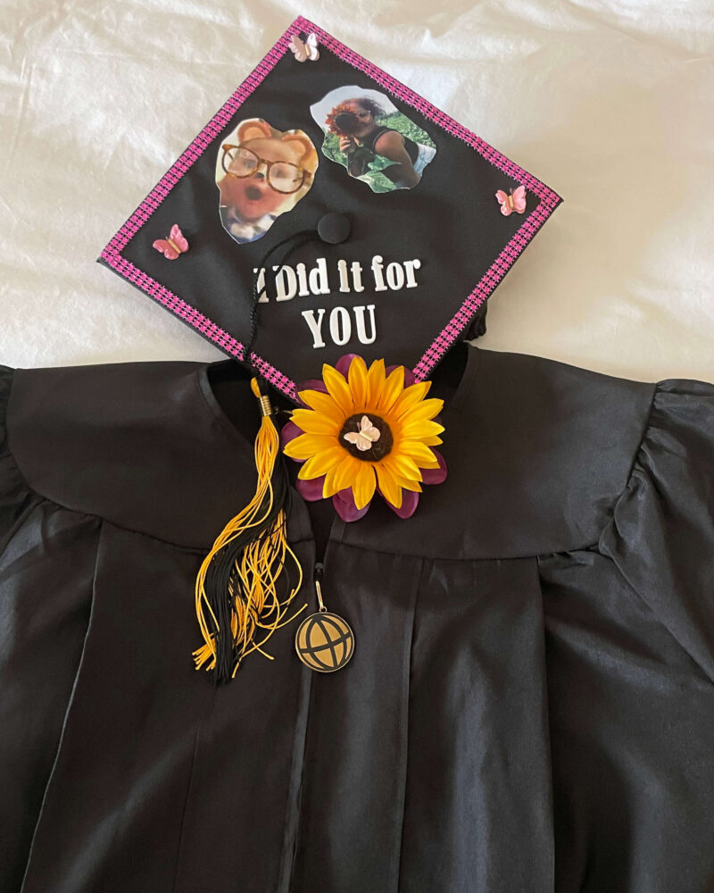 At her Purdue Global graduation, Shields honored her son Ethan’s memory by including a message to him: “I did it for you.” (Photo provided)