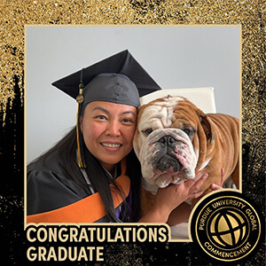 Photo booth image of Purdue Global grad in cap and gown