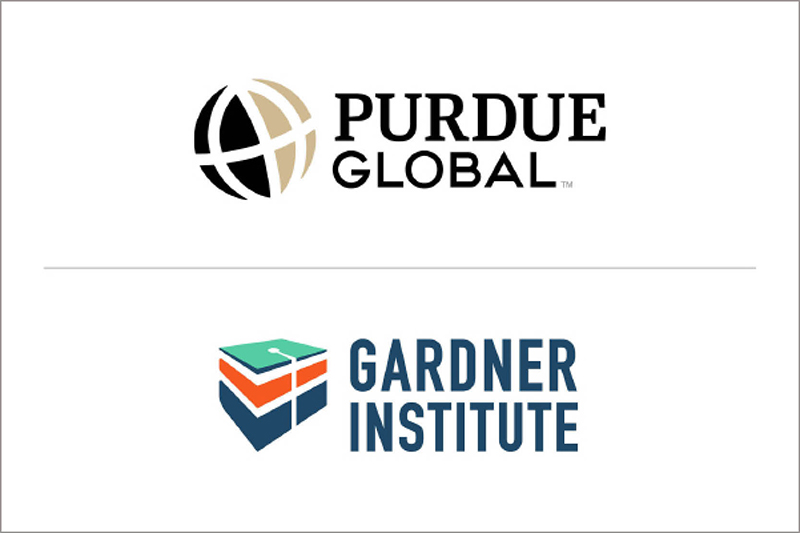 Logos for Purdue Global and Gardner Institute, featuring stylized geometric designs in black, gold, orange, green and navy blue colors
