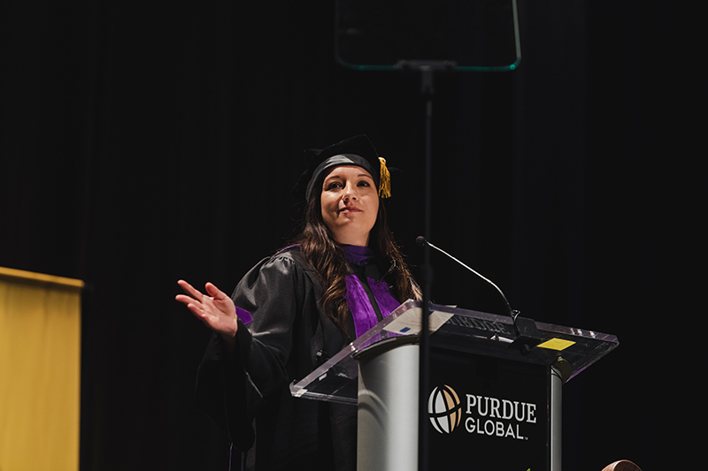 Allyssa Spates delivers the keynote address during the May 4 Purdue Global commencement ceremonies. 