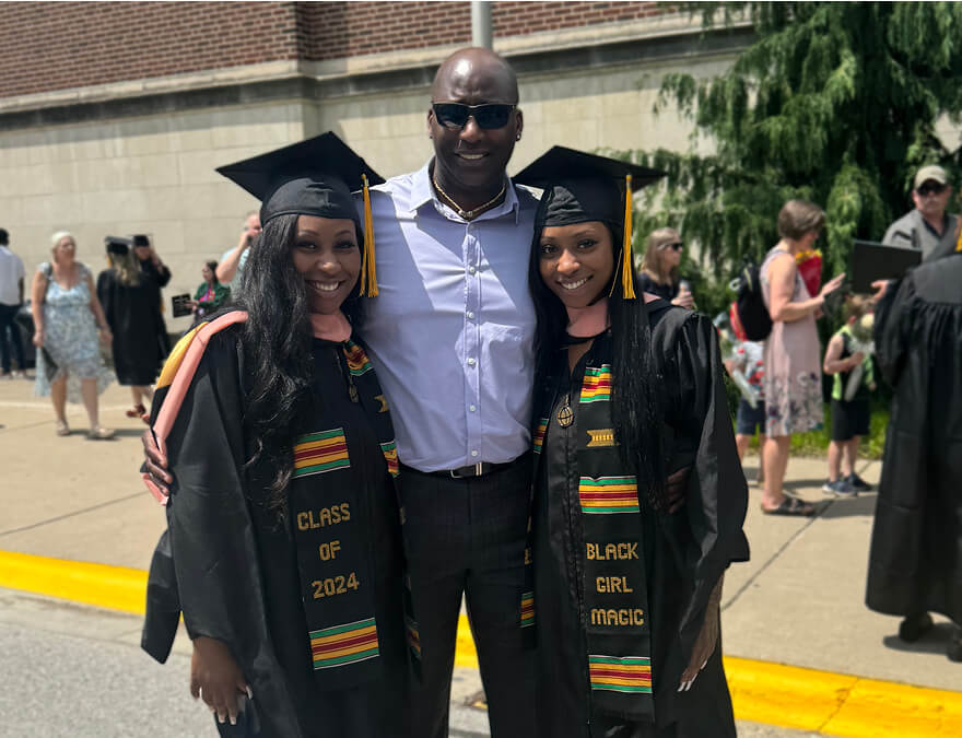 Chrishana and Chrishá Jackson pose with their dad, Chris Jackson, who has been their biggest supporter throughout their educational journey. (Photo provided)