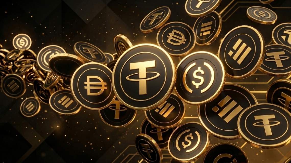 A visual depiction of digital stablecoins and cryptocurrency tokens.