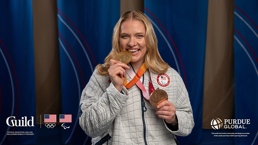 Rose Hollermann displays her Paralympic gold and bronze medals.