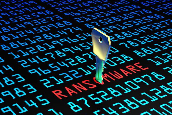 Illustration depicting a key unlocking a numeric code or password with the word "Ransomware"