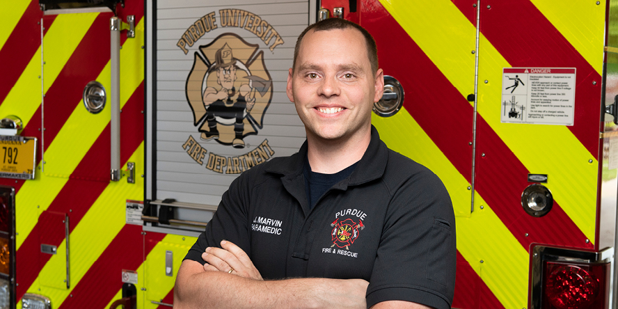 Firefighter and paramedic Justin Marvin has worked for the Purdue Fire Department since 2016. (Purdue University photo/John Underwood)