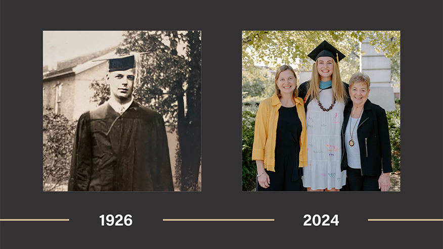 Side-by-side graduation photos from 1926 and 2024, showing a graduate in academic regalia then and now, illustrating a century of tradition.