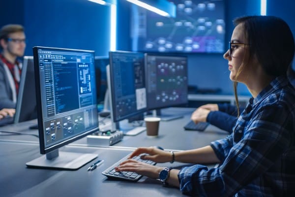 A woman runs a security check on a desktop.