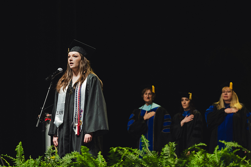 Samantha LaRue performs “The Star-Spangled Banner” during a Purdue Global commencement.
