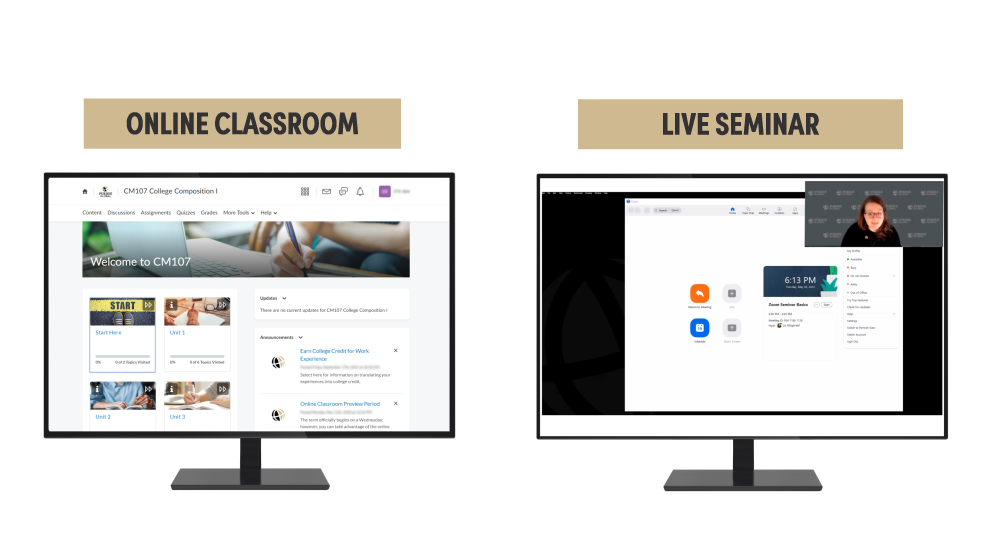 still from the Virtual Tour video showing two screens: one with an online classroom and one with a live seminar