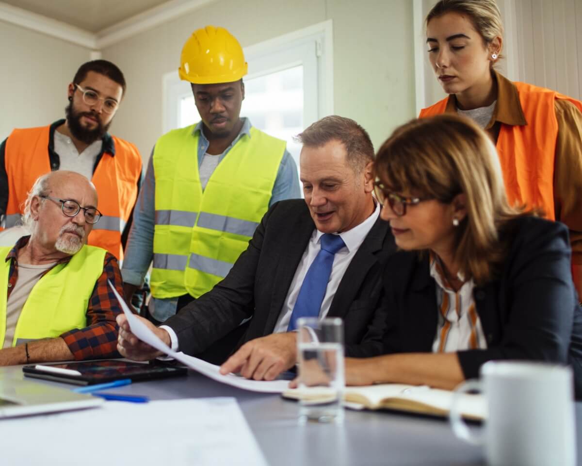 business professionals and construction team in safety vests reviewing documents together