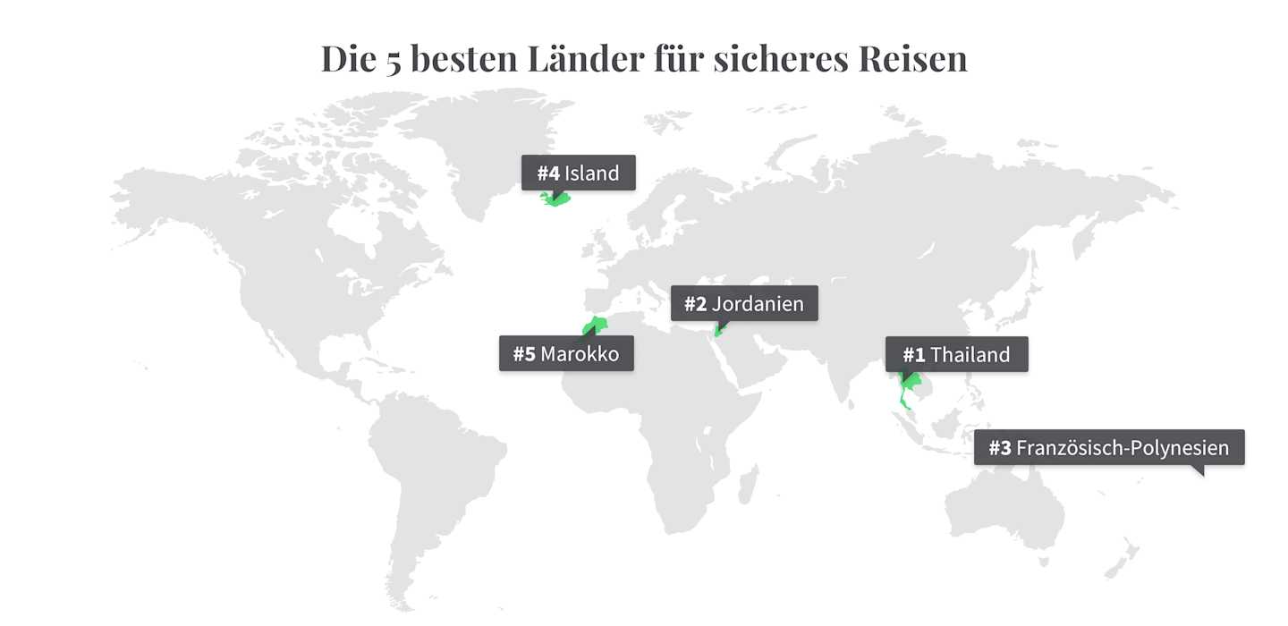 Overview map of the five best countries for safe travel despite the corona pandemic