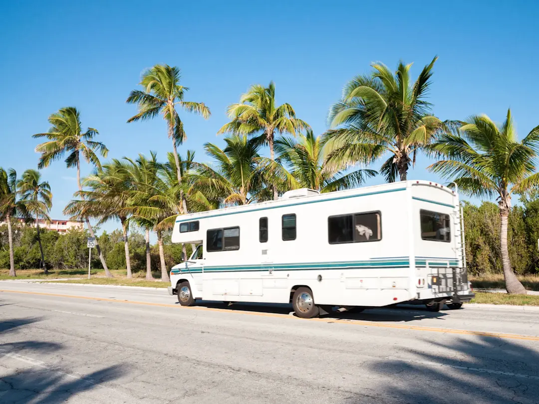 Wohnmobil auf einer von Palmen gesäumten Straße, Miami, Florida, USA.
