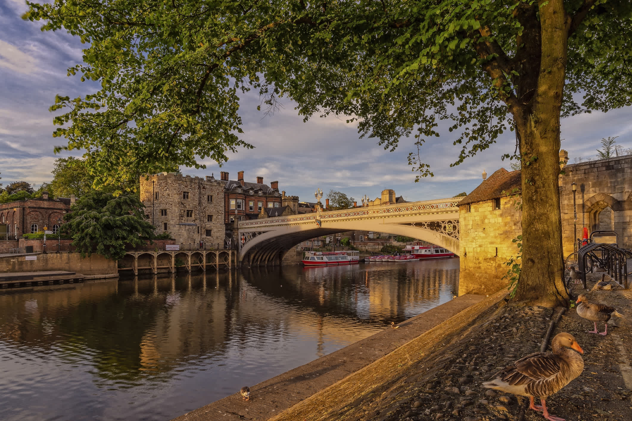 Sonnenuntergang mit Brücke und Enten in York