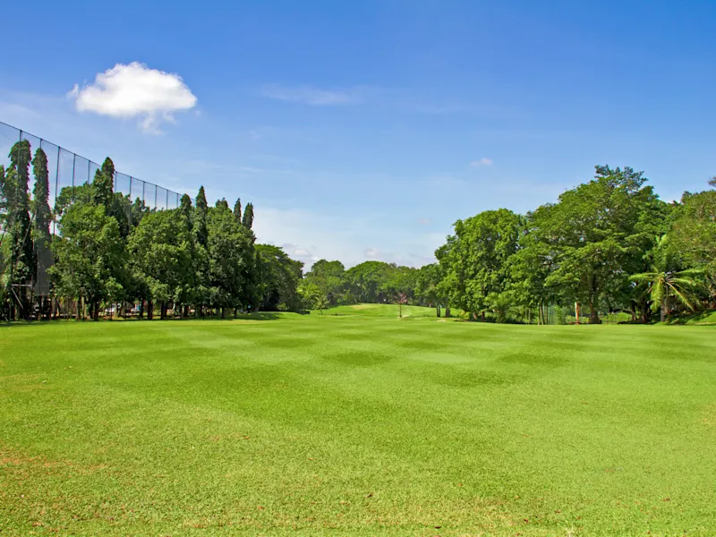 Sri Lanka, Golfplatz Üppig grüner Golfplatz mit weiten Fairways und umliegenden Bäumen, Sri Lanka.