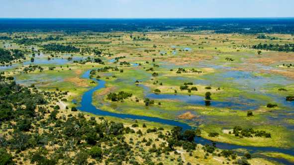 Blick über das Okavango Delta in Botswana aus der Luft