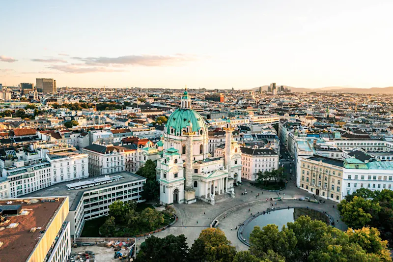 Aerial view Karlskirche sunset Vienna