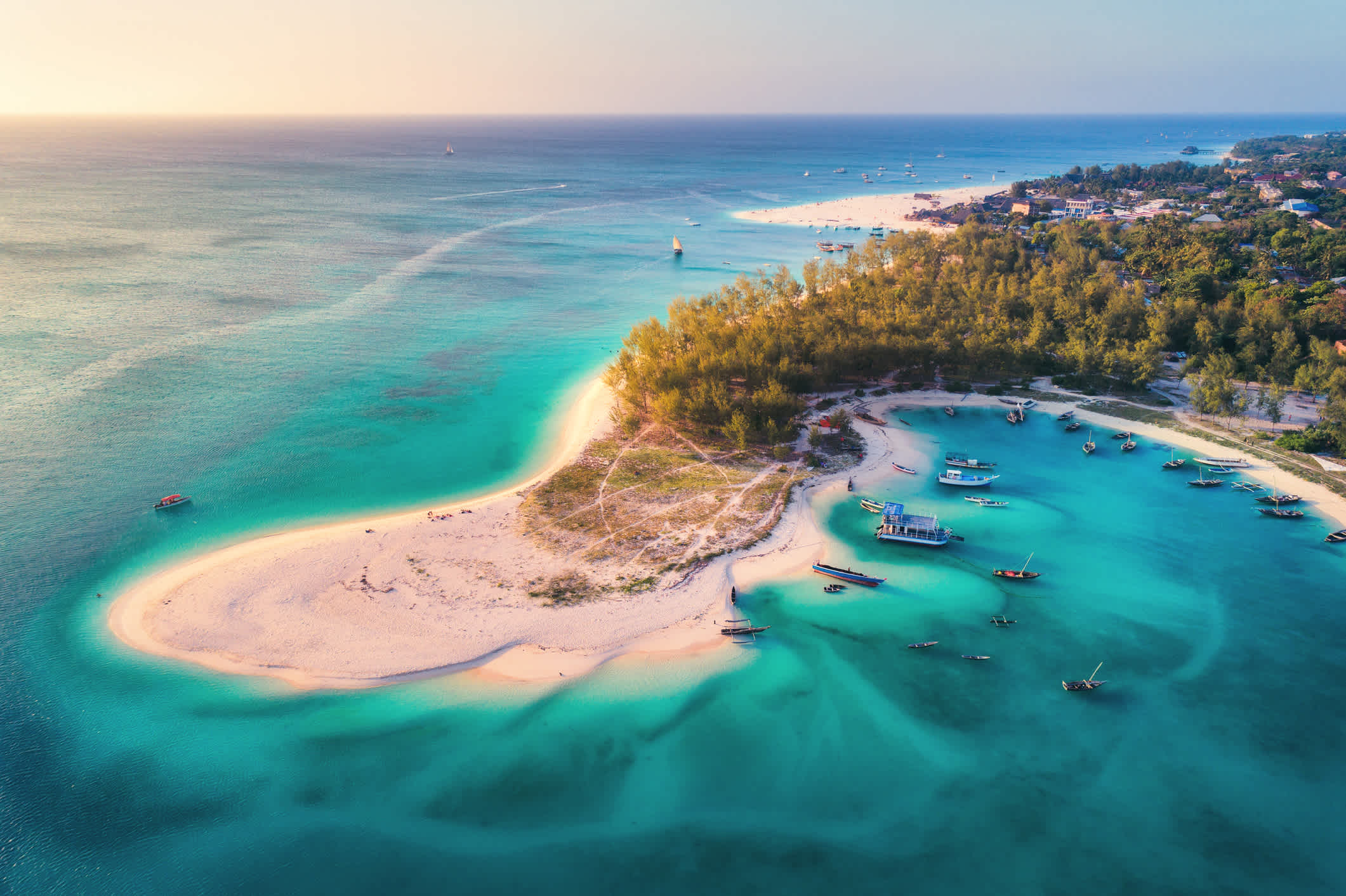 Luftaufnahme der Fischerboote an der tropischen Meeresküste mit Sandstrand bei Sonnenuntergang. Sommerurlaub im Indischen Ozean, Sansibar, Afrika. Landschaft mit Boot, grünen Bäumen, transparentem blauem Wasser. Top View