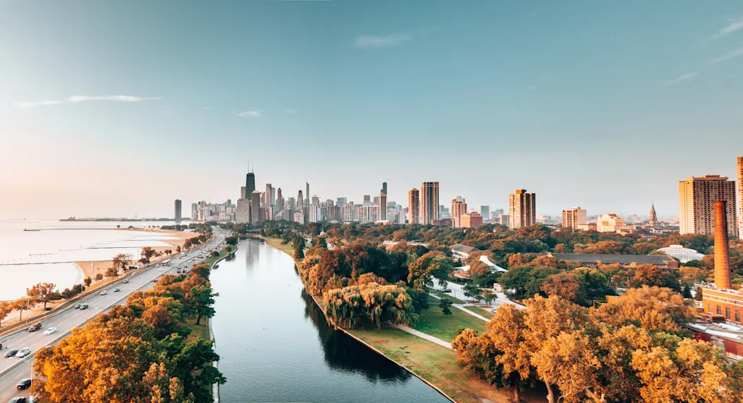 USA, Chicago Chicago Skyline aus dem Park