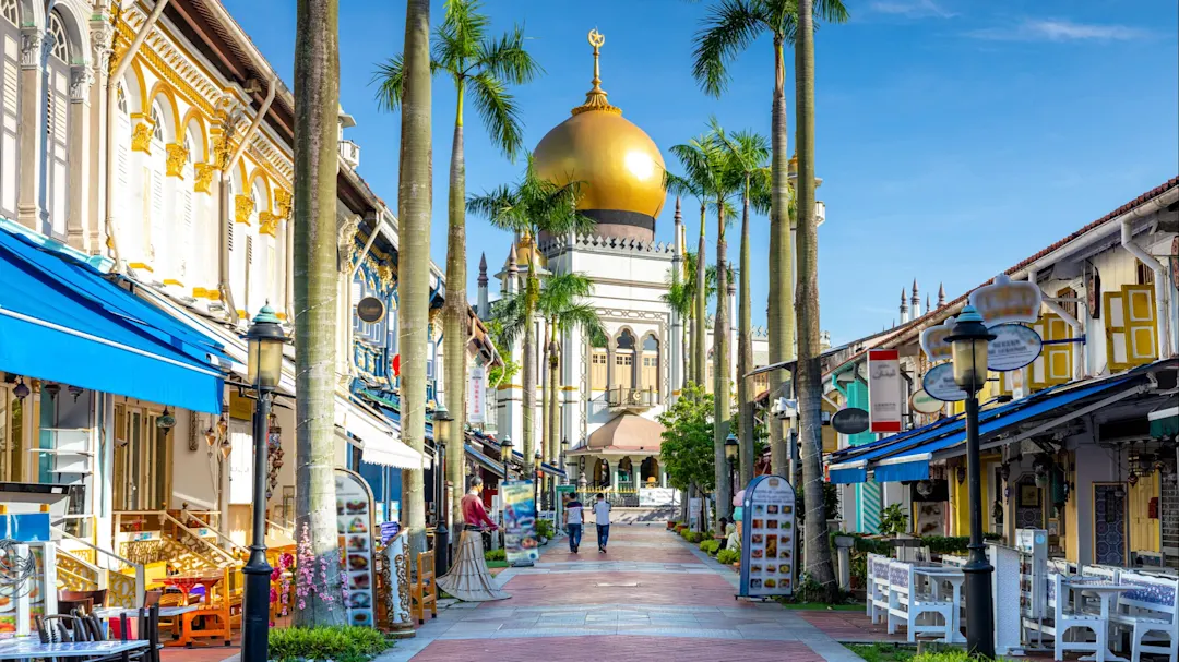 Singapur, Kampong Glam Straßenansicht von Kampong Glam Viertel mit Masjid Sultan, Singapur.