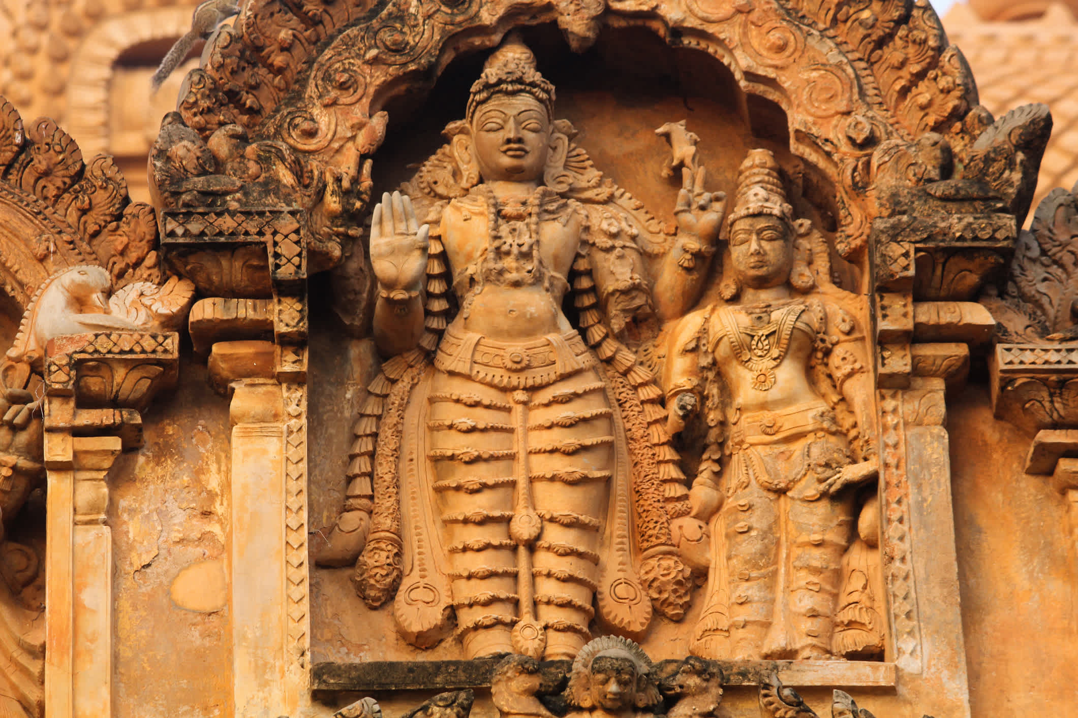 Antike Bas Relief in dem Brihadishwara Tempel in Tanjore. 