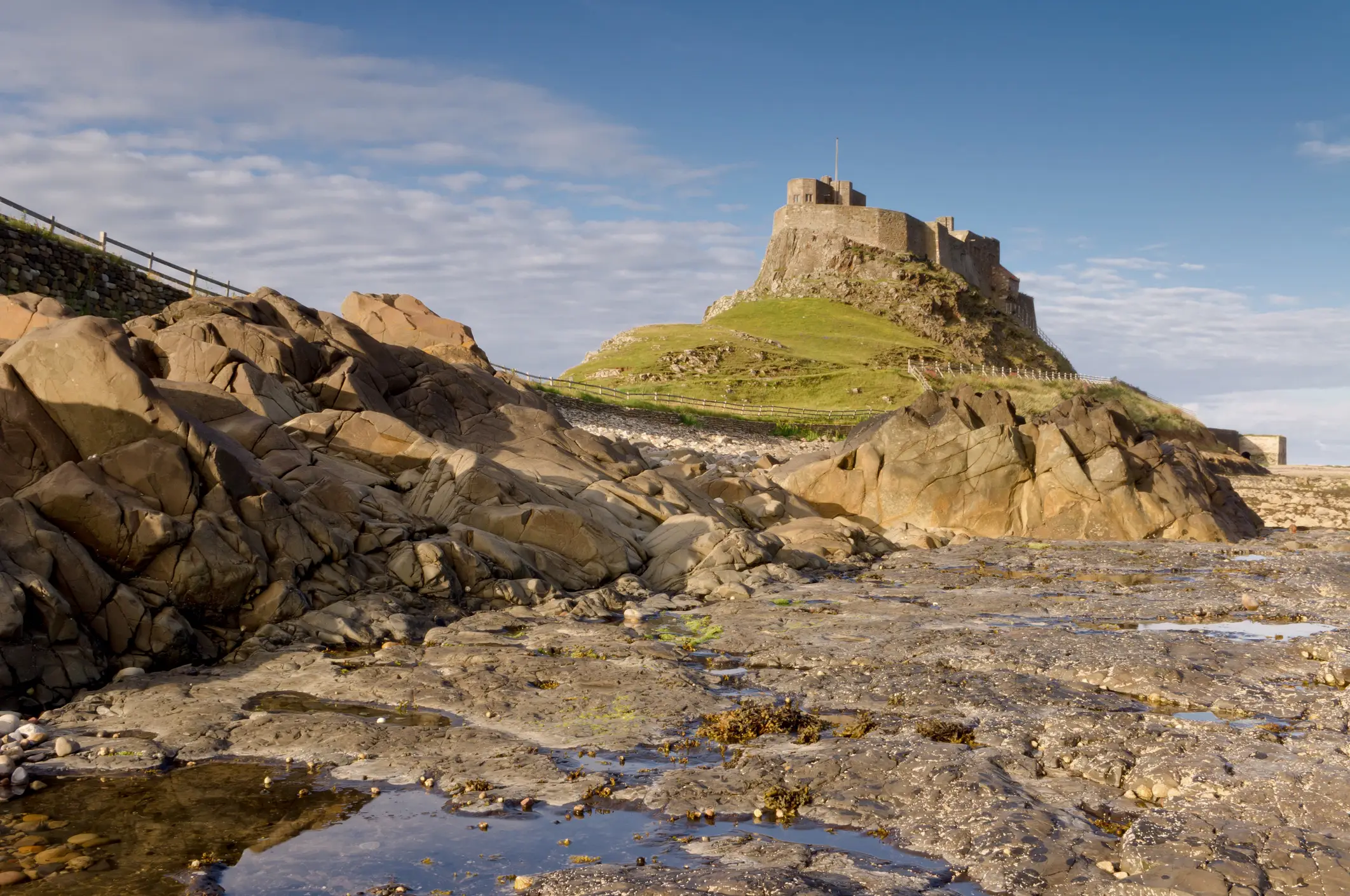 View of Lindisfarne Castle, Northumberland, England.

