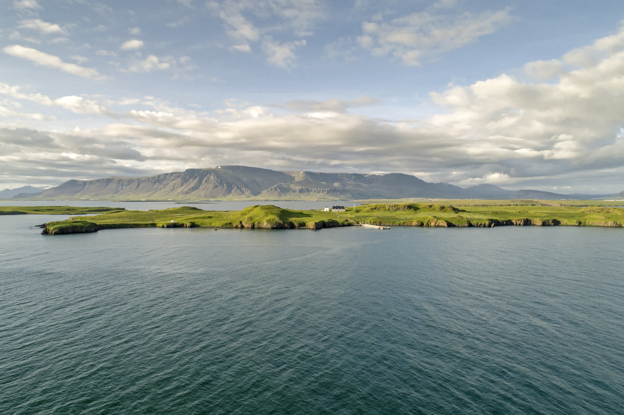 The island of Videy in Reykjavik with Mt. Esja in the background.
