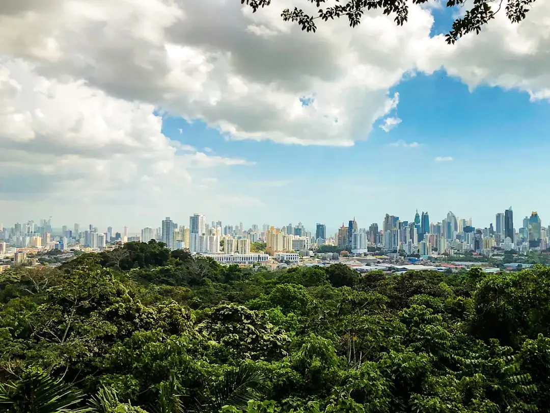 Skyline mit Blick auf tropischen Wald, Panama-Stadt, Panamá, Panama.
