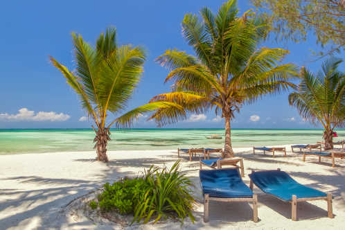 Strand Liegestühle unter Palmen am Ufer des Indischen Ozeans, Sansibar, Tansania.
