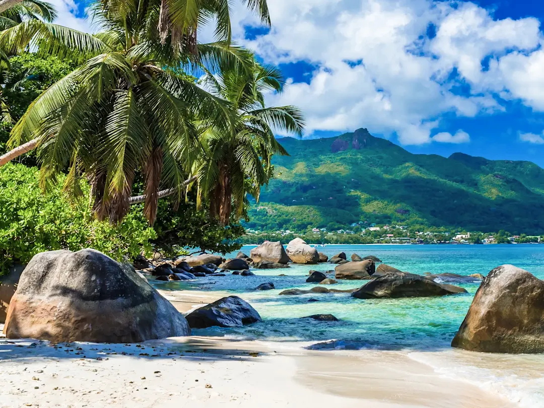  Paradiesischer Strand mit Palmen, Granitfelsen und türkisfarbenem Wasser. Seychellen.