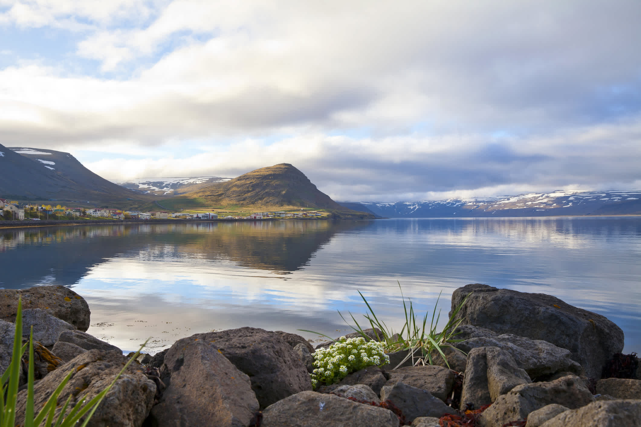 Lumière claire du matin dans les fjords de l'ouest de Patreksfjörður, Islande.