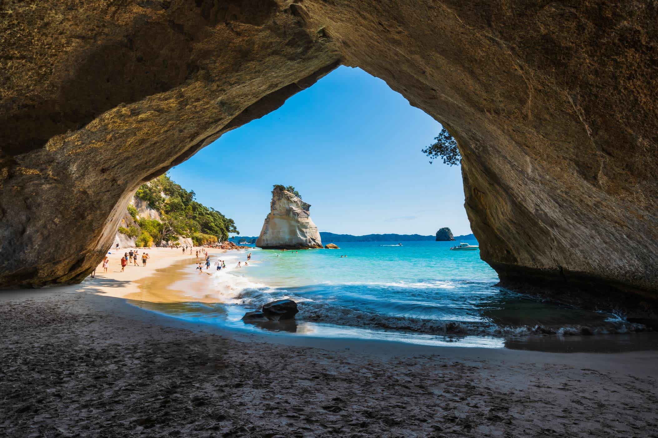 Rocher en forme d'arc sur une plage de la Nouvelle-Zélande
