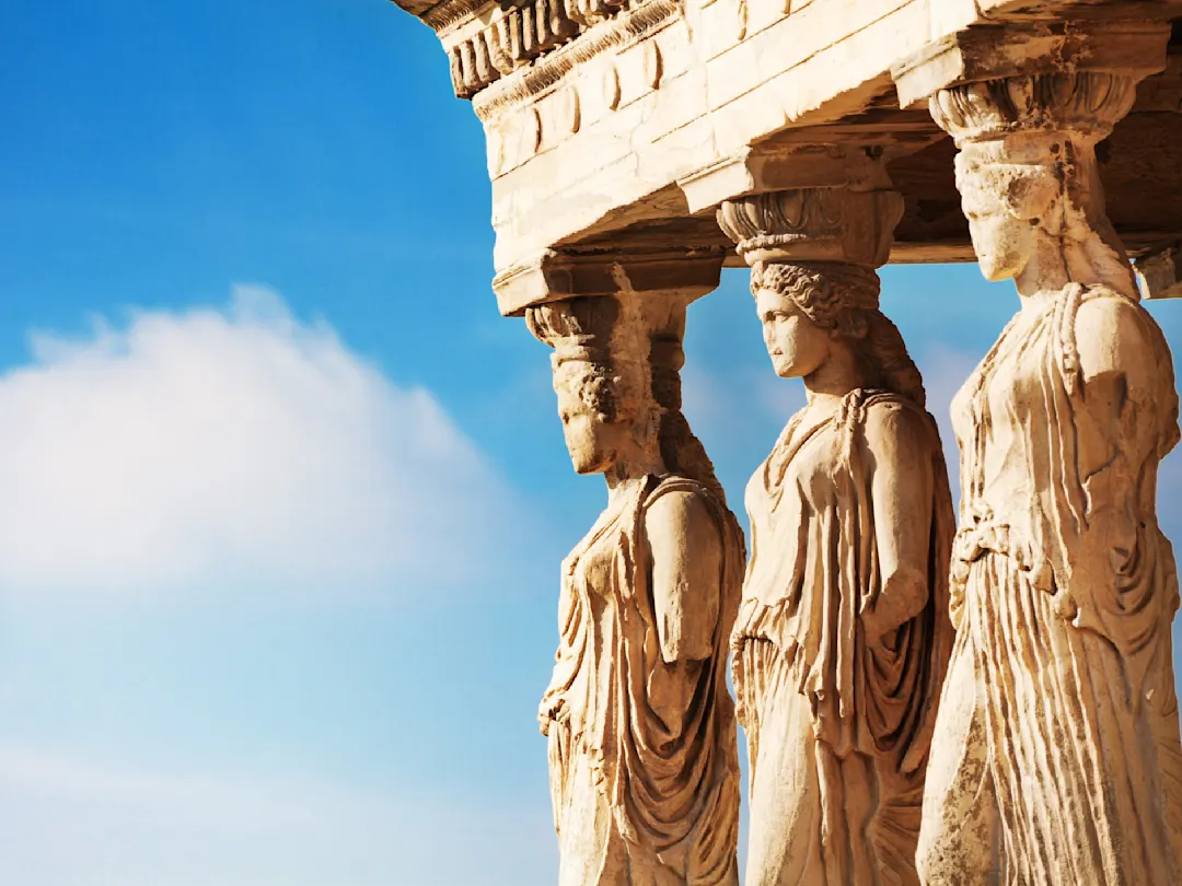 Karyatiden am Erechtheion auf der Akropolis. Athen, Attika, Griechenland.
