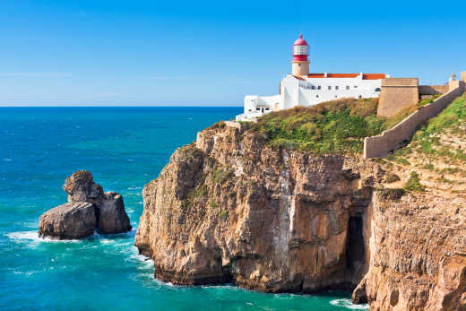 View of the Lighthouse of Cabo de Sao Vicente, the last point in Europe, in Algarve Portugal
