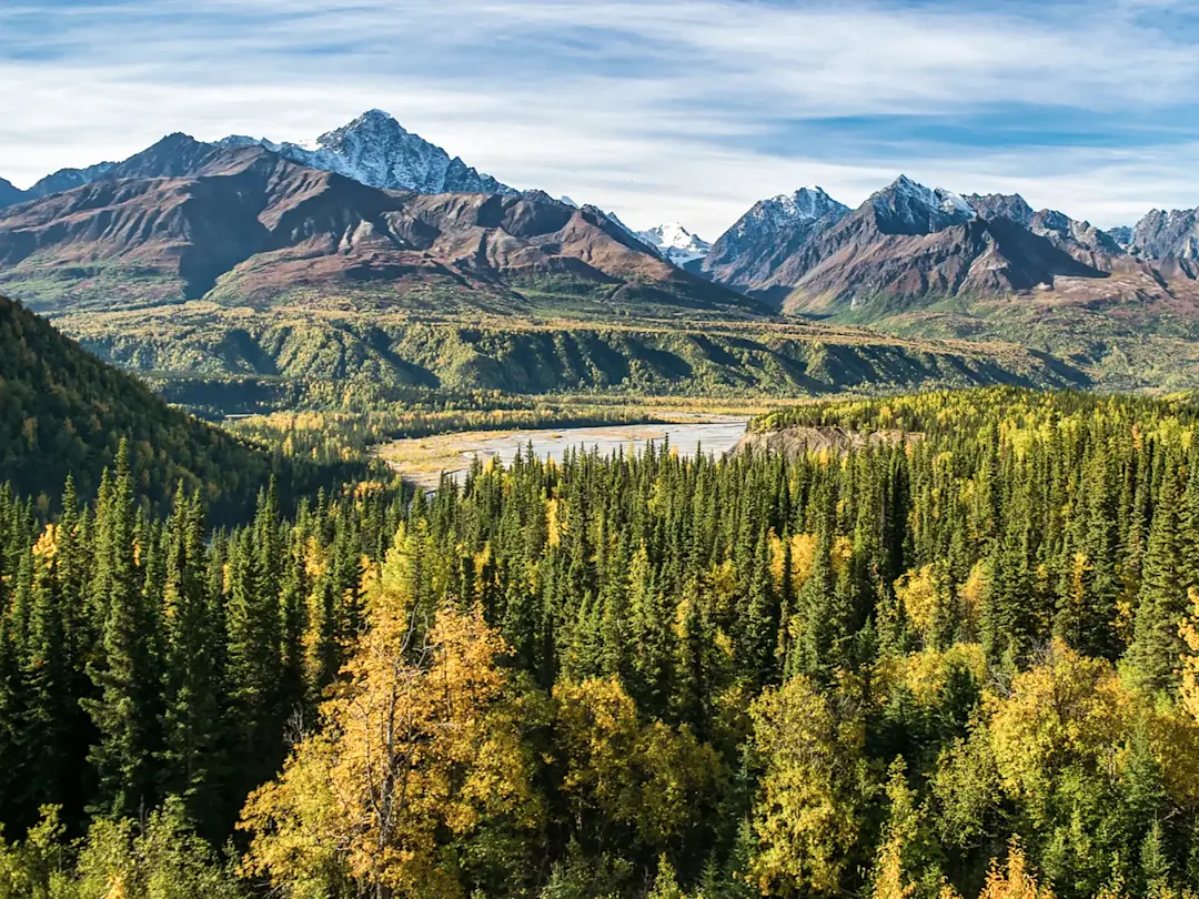 Herbstlandschaft mit Fluss und Bergen. Kluane Nationalpark, Yukon, Kanada.