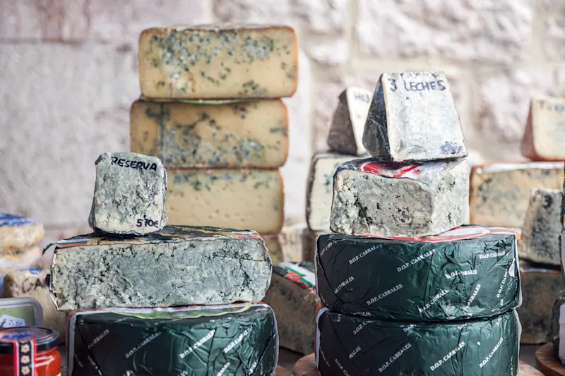 Asturien, Spanien, Europa Typischer asturischer Blauschimmelkäse auf einem Markt für handwerkliche Produkte, Asturien, Spanien