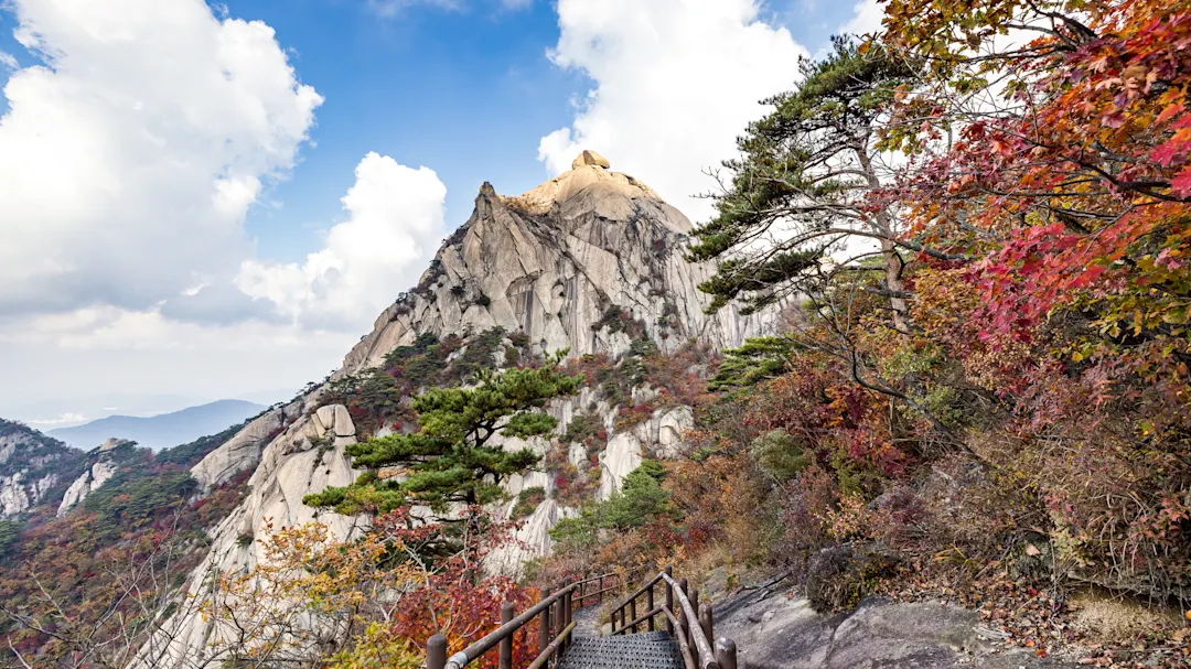 Südkorea, Seoul, Bukhansan National Park Felsiger Berggipfel mit herbstlich gefärbten Bäumen und Wanderweg unter blauem Himmel. Bukhansan-Nationalpark, Seoul, Südkorea.