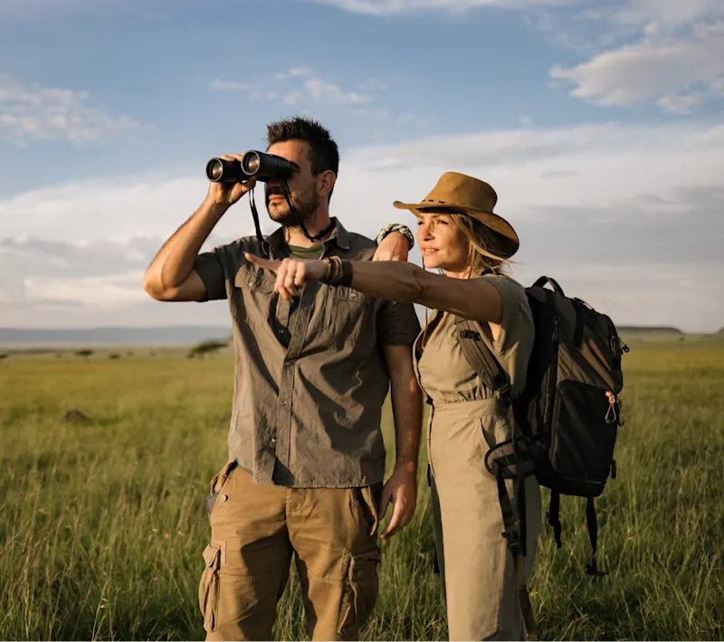 Aktivität, Safari, Paar Ein Paar mit Fernglas während eine Safari.