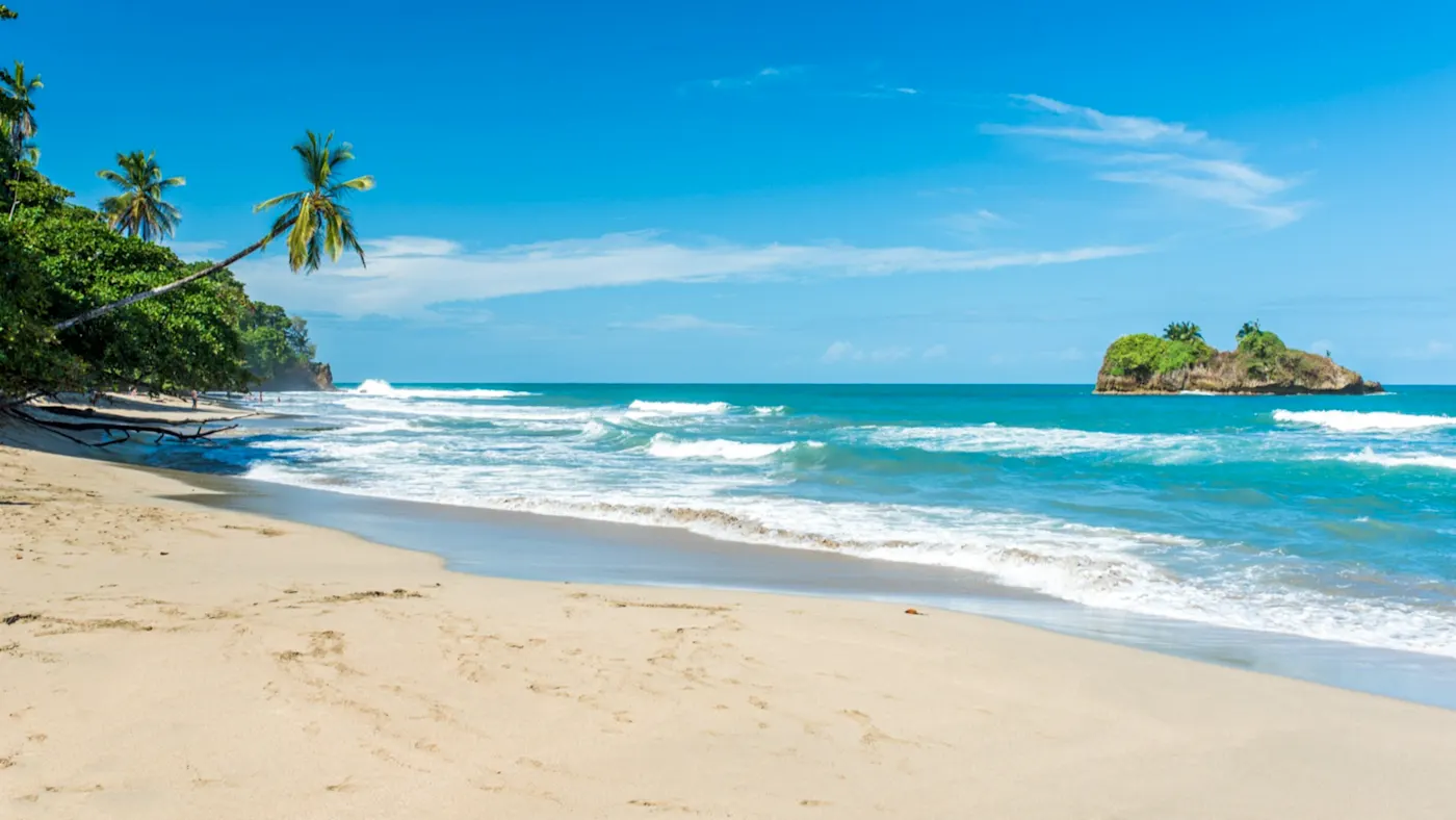 Costa Rica, Playa Cocles Plage paradisiaque de sable avec palmiers et mer turquoise, Playa Cocles, Costa Rica.