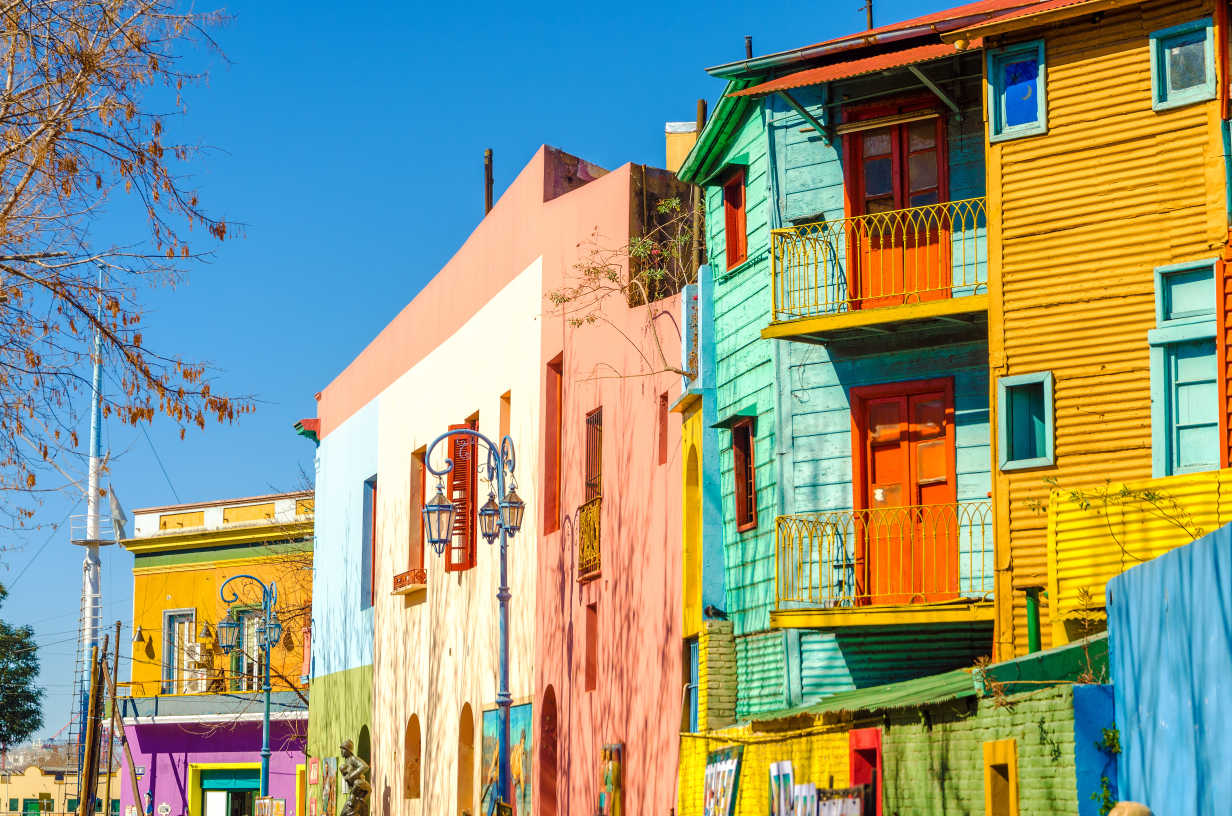 South America, Argentina, colorful houses of the La Boca neighborhood.