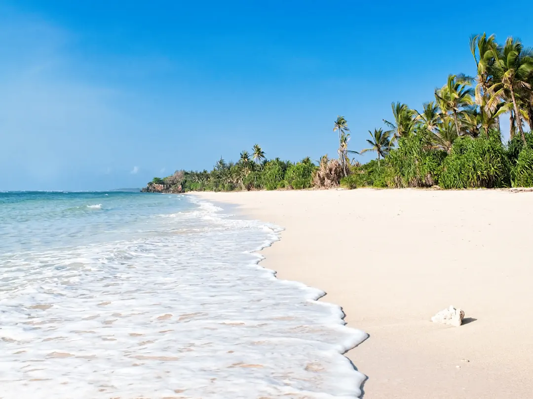 Unberührter Sandstrand mit sanften Wellen und tropischen Palmen unter blauem Himmel. Diani Beach, Kenia.