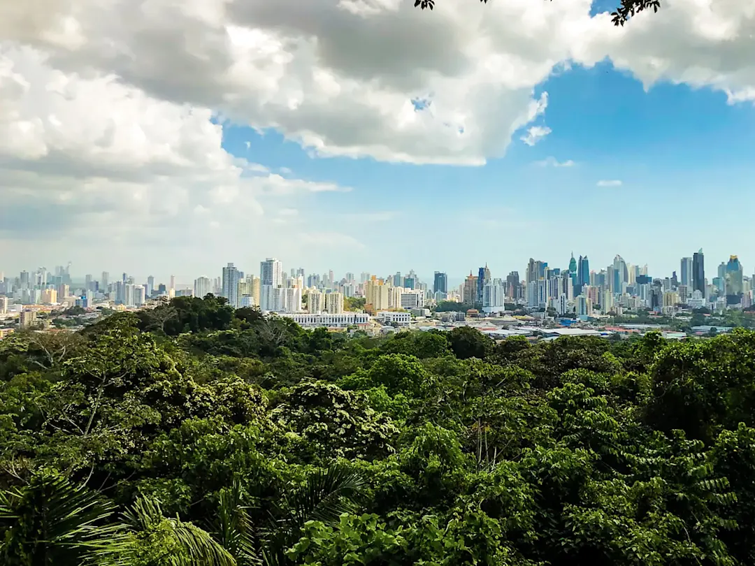 Panama, Panamá, Panama-Stadt Blick auf die Skyline von Panama-Stadt mit üppigem Grün. Panama-Stadt, Panamá, Panama.