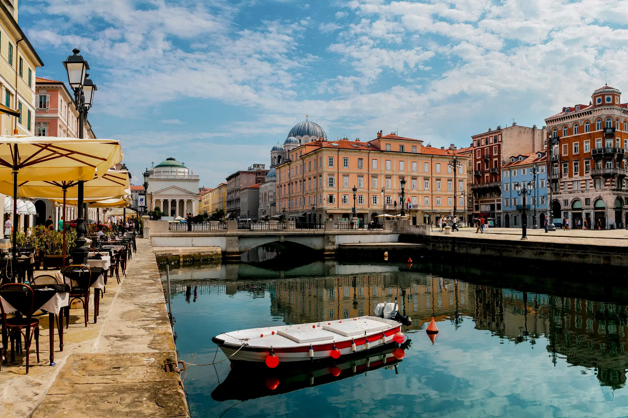View of the canal in Trieste with charming streets, Italy.