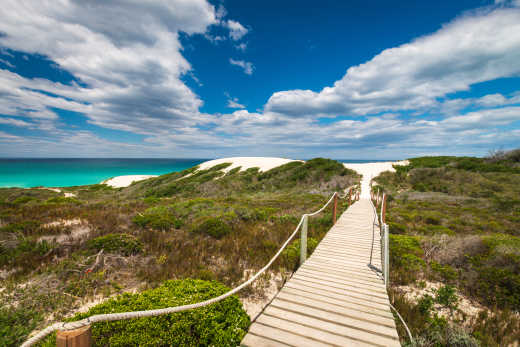 Malerischer Blick auf den Holzfußweg, der durch Sanddünen mit Fynbos-Vegetation zum wunderschönen Strand des Indischen Ozeans an der Küste des Naturschutzgebietes De Hoop, Südafrika gegen den Himmel führt