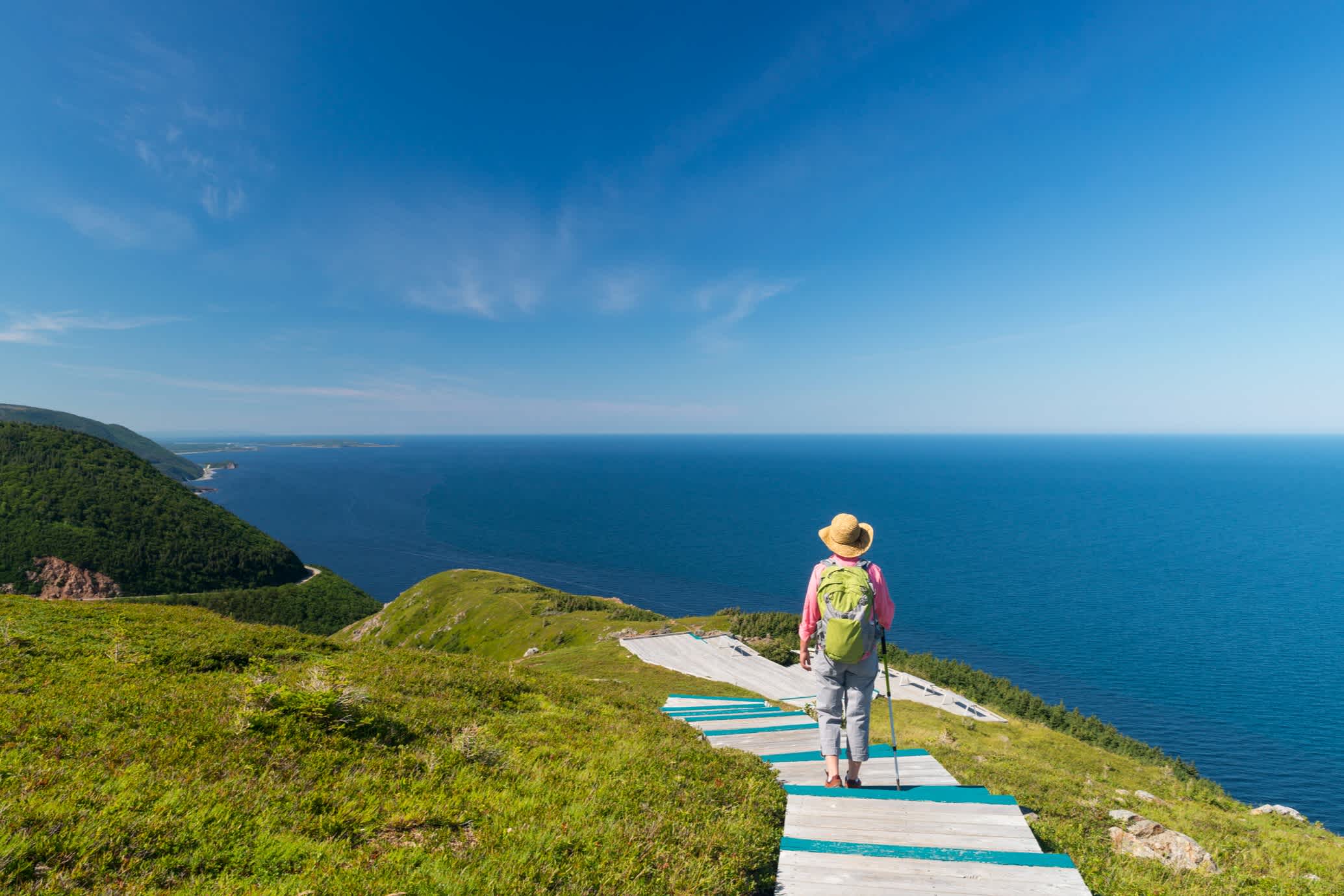 Chemin en bois qui porte à un point de vue sur l'île de Cap-Breton au Canada