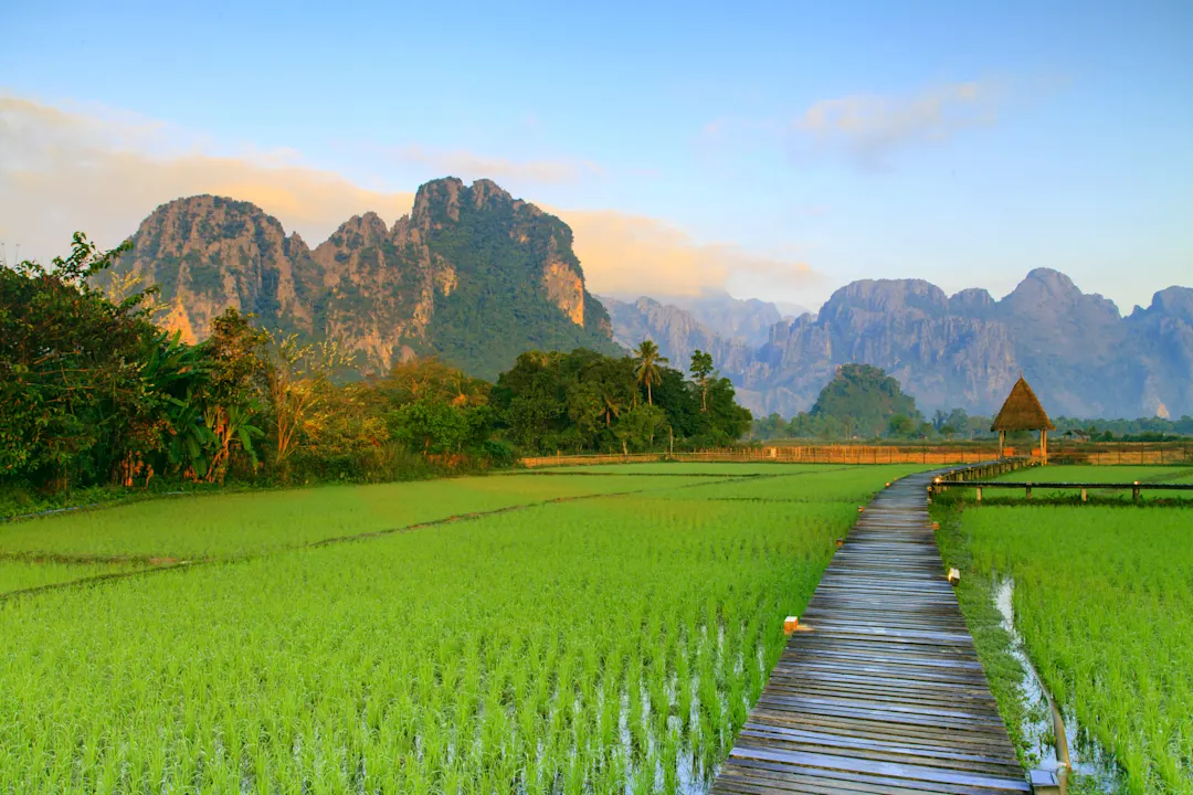 Holzsteg durch grüne Reisfelder mit dramatischen Karstbergen im Hintergrund und kleinem Pavillon in Laos oder Vietnam.