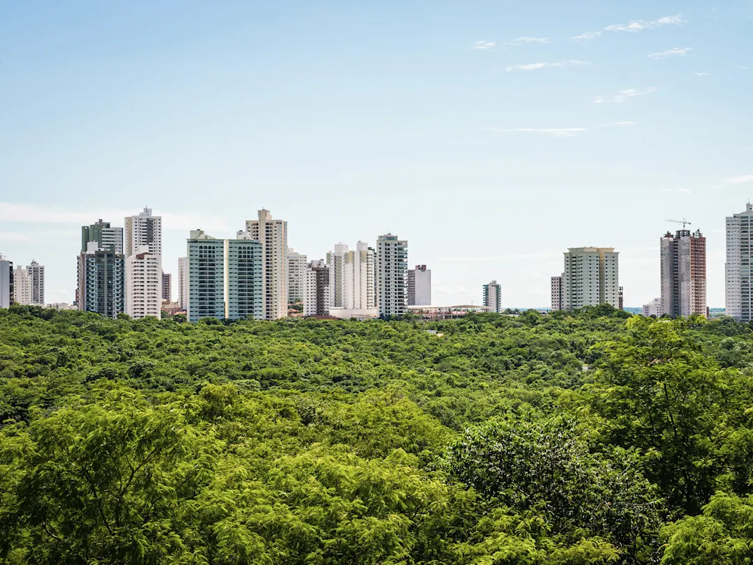 Hochhäuser ragen über dichten grünen Wald. Cuiabá, Mato Grosso, Brasilien.
