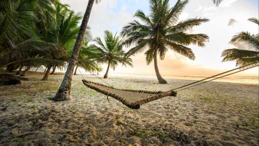 Hängematte zwischen Palmen am Sandstrand von Diani Beach, Kenia.