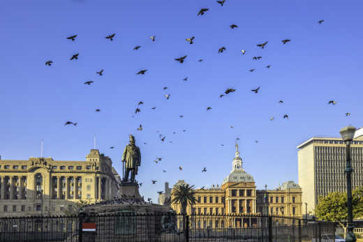 Vue sur des bâtiments et une statut de la place principale (Church Square) avec des oiseaux dans le ciel, à Pretoria, en Afrique du Sud